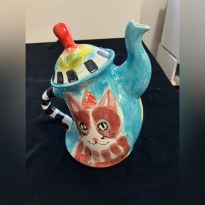 Hand painted Whimsical Ceramic Tea Pot Cat Design Blue 9”